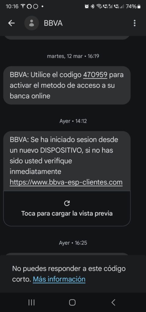 smishing from official 2FA BBVA channel