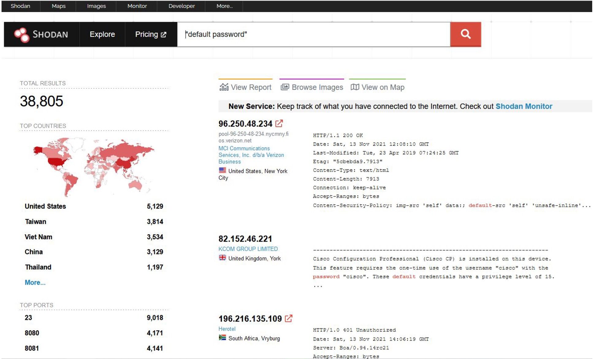 Utilizando Shodan para detectar dispositivos con contraseñas por defecto.