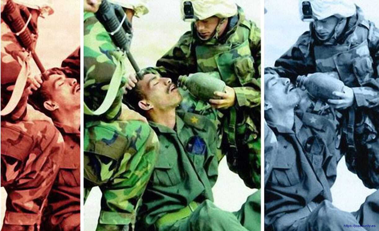 Imagen que muestra cómo se puede manipular las imágenes de la guerra. La imagen muestra un soldado apuntado por un fusil mientras se le da agua