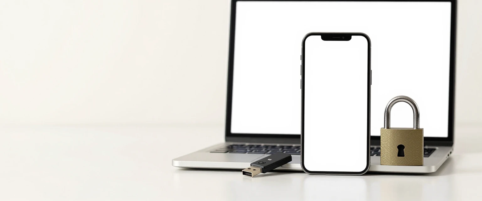 Una llave de seguridad USB y un móvil con un código de verificación de seis dígitos sobre una mesa, con un candado abierto de fondo — la autenticación multifactor como segunda puerta