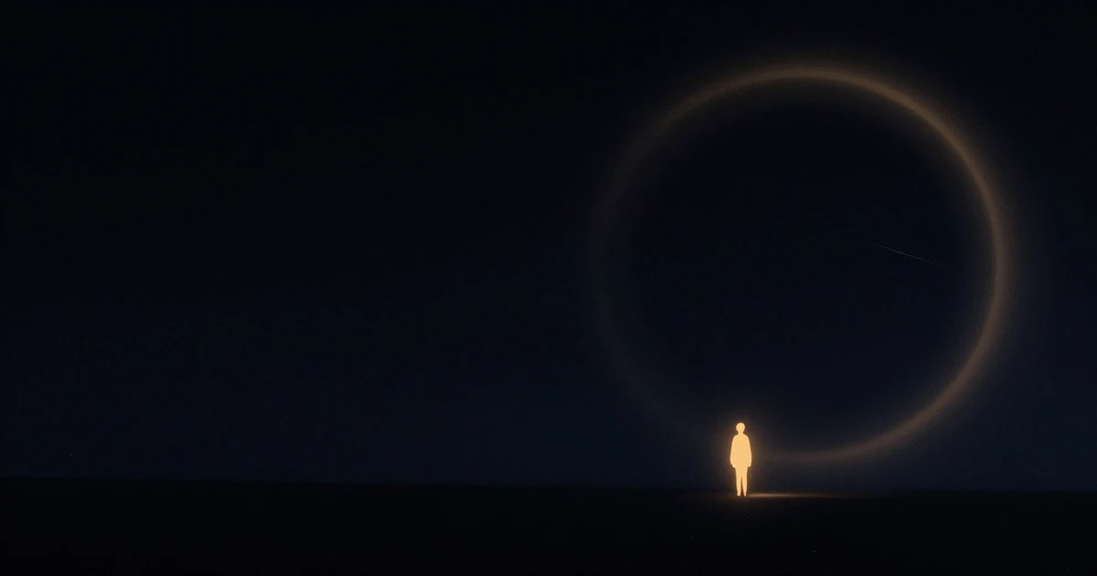 A lit human figure in deep darkness, watched over by a great luminous ring